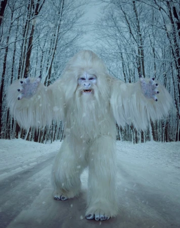 A tall, furry Yeti-like creature stands in a snowy forest landscape with trees and ground completely covered in thick snow.